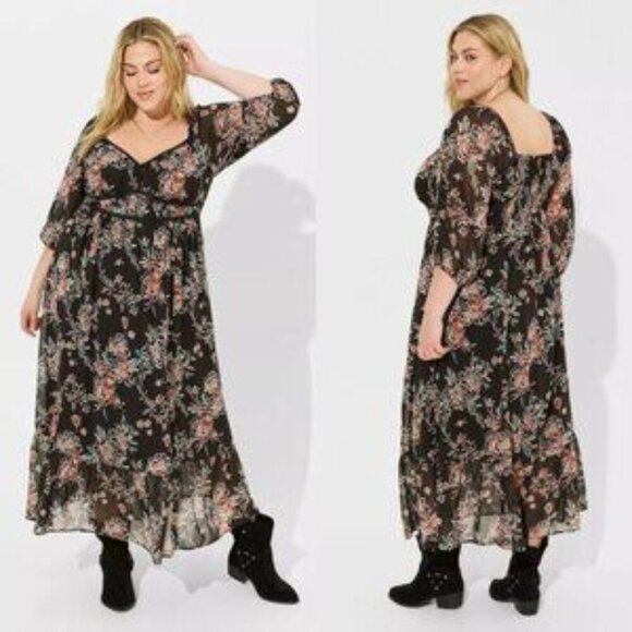 NWT Torrid Maxi Chiffon Shirred Bodice A-Line Dress Dark Floral 4X 26 - Picture 1 of 6
